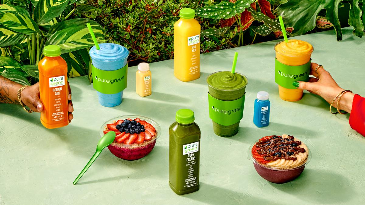 Pure Green cold-pressed juices, smoothies, and acai bowls